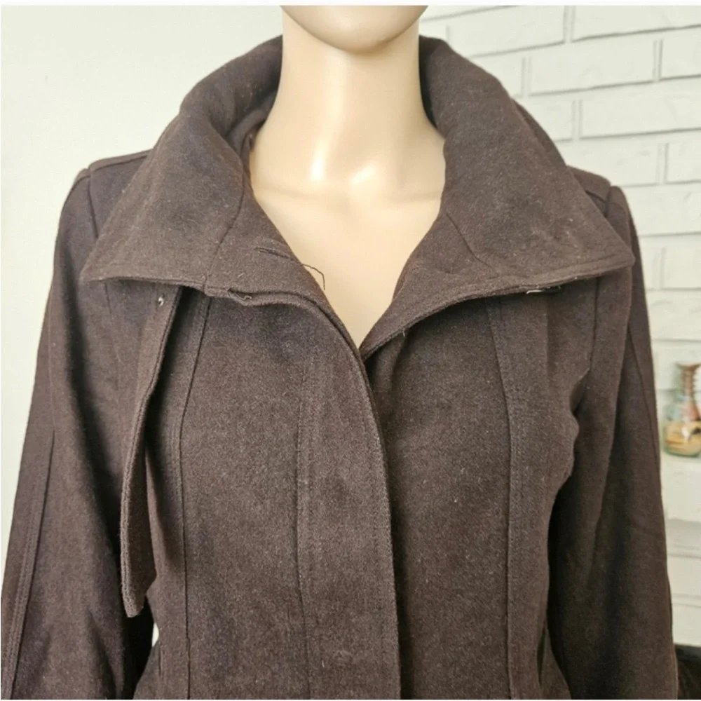 Zara coat size Medium dark chocolate brown wool blend trench belted - Picture 12 of 16